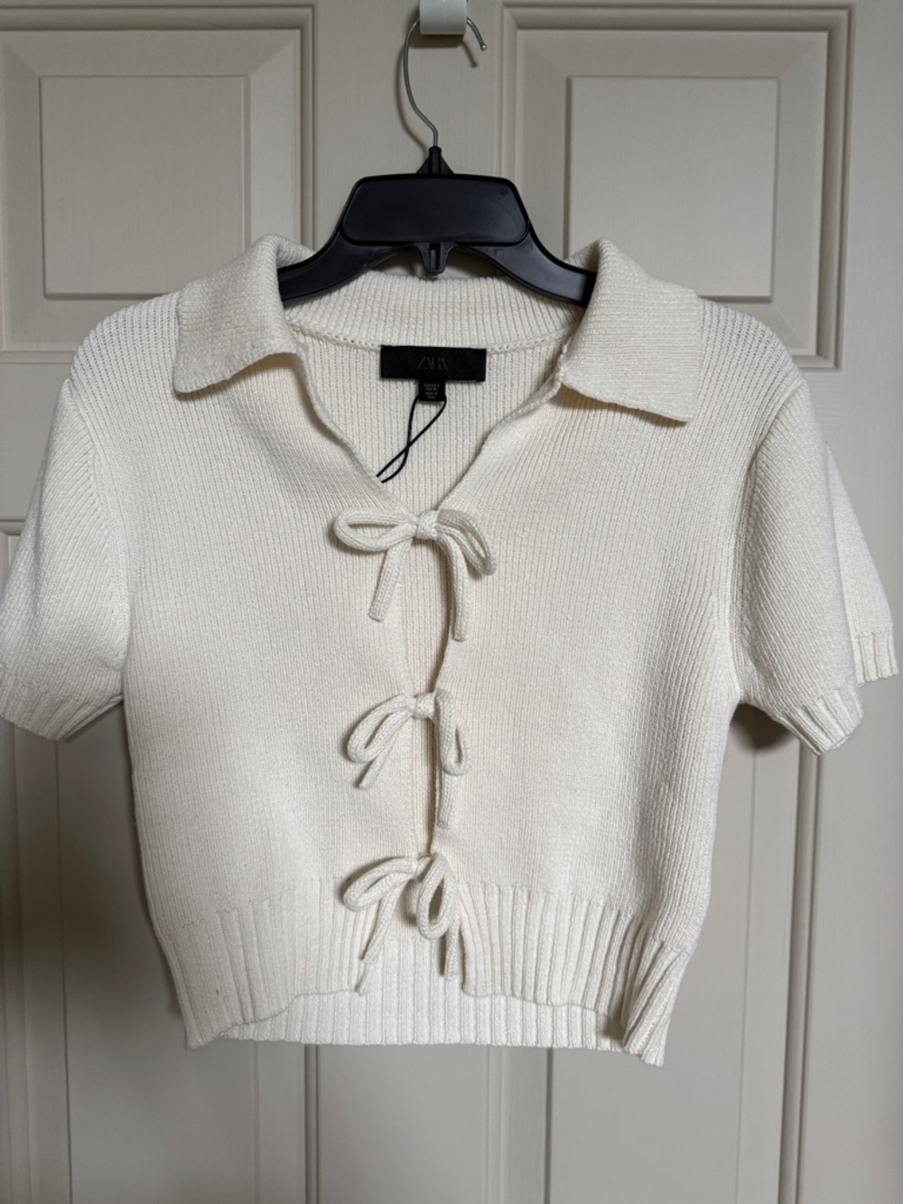 Zara Off-White Knit Polo with Tie Bows